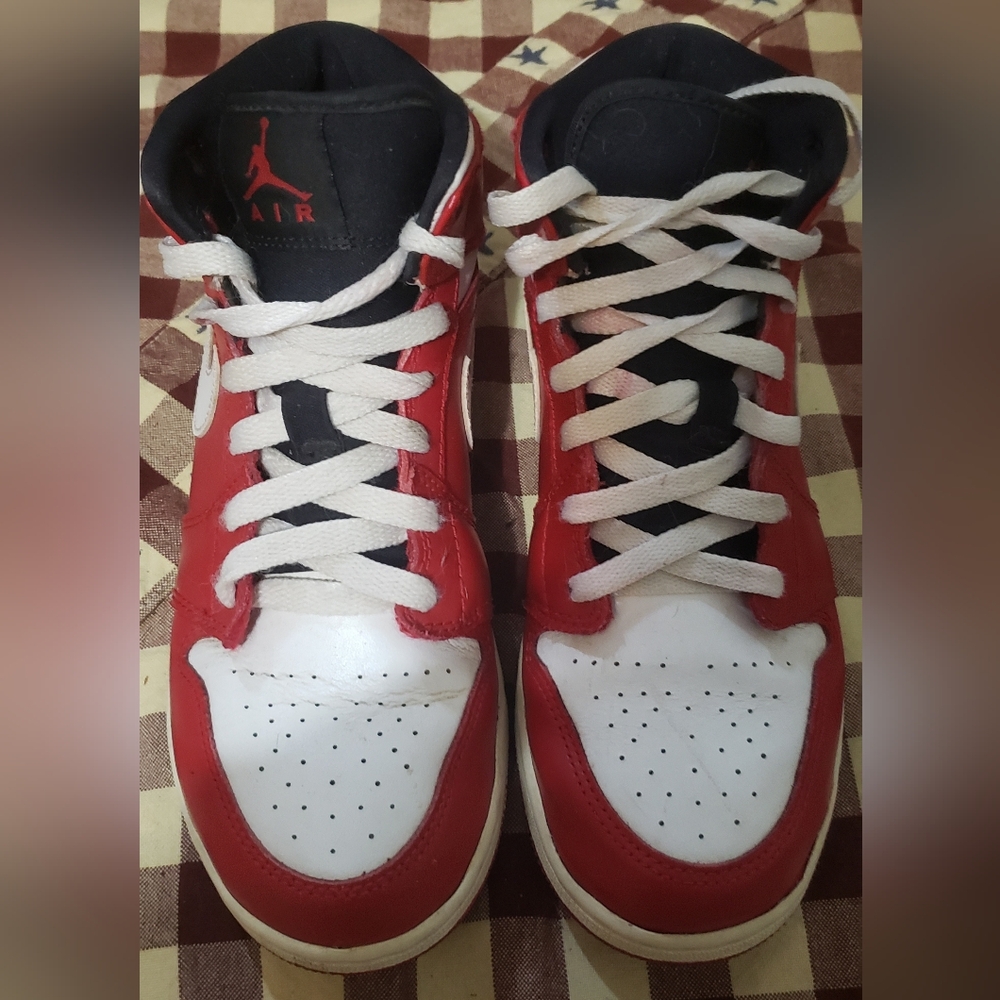 Nike Air Jordan 1 Mid Youth 6.5 Red And White Sneakers